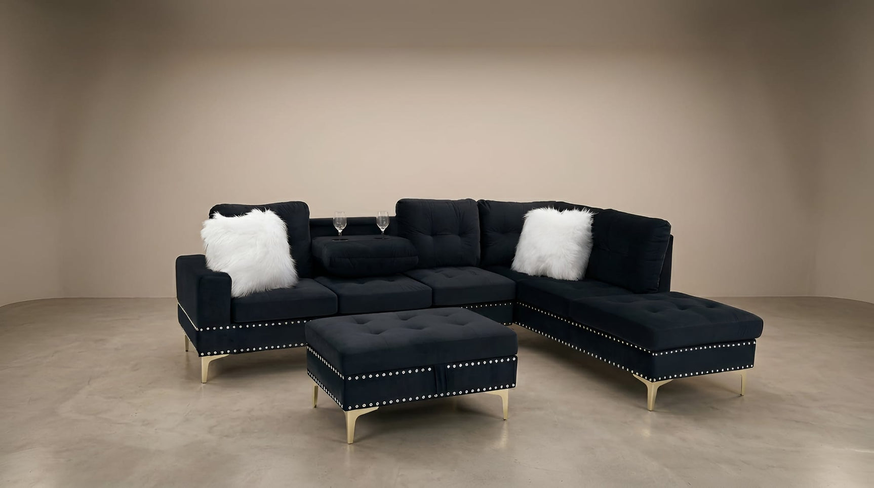 Joy II Black Velvet Sectional with Gold Accents, Storage Ottoman, and Cupholder Table view 3