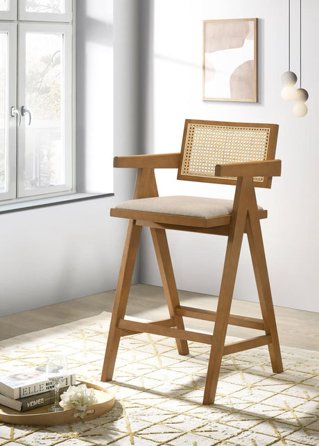 Kane Solid Wood Bar Stool With Woven Rattan Back And Upholstered Seat Light Walnut (Set Of 2) 182677 - Ella Furniture