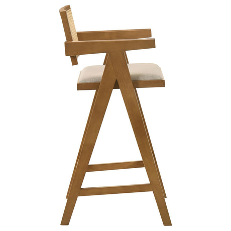 Kane Solid Wood Bar Stool With Woven Rattan Back And Upholstered Seat Light Walnut (Set Of 2) 182677 - Ella Furniture