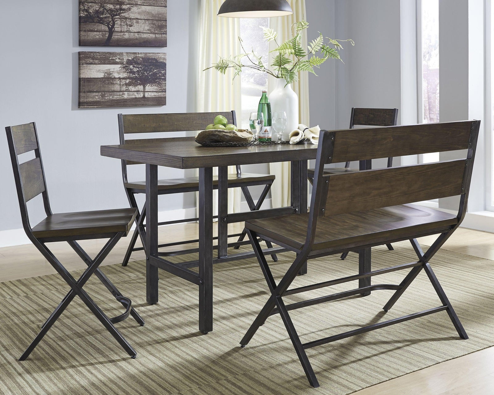 Kavara Medium Brown Counter Height Dining Table And 2 Barstools And 2 Benches - Ella Furniture