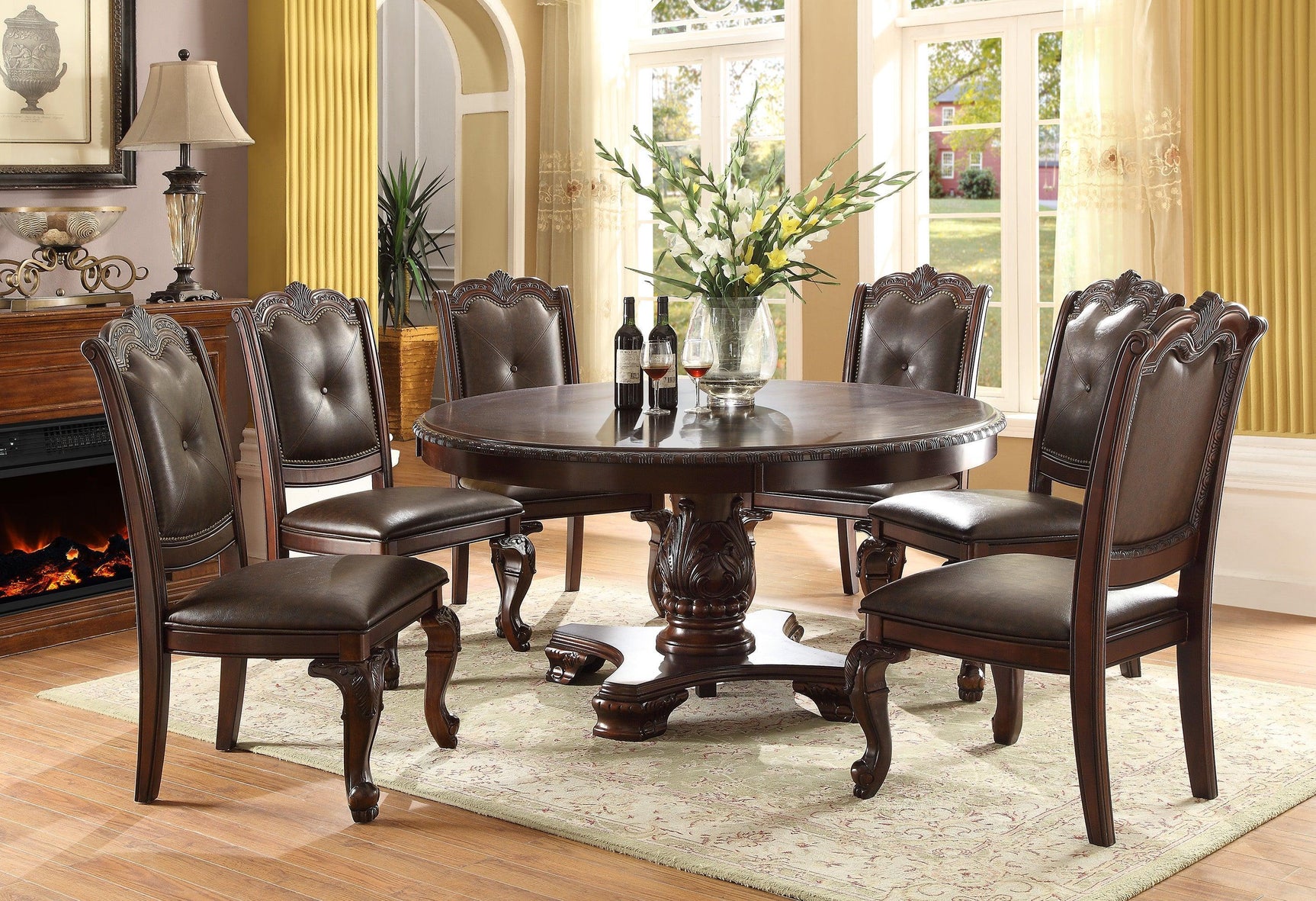 Kiera Brown Traditional Wood Veneers And Solids Formal Extendable Dining Room Set - Ella Furniture