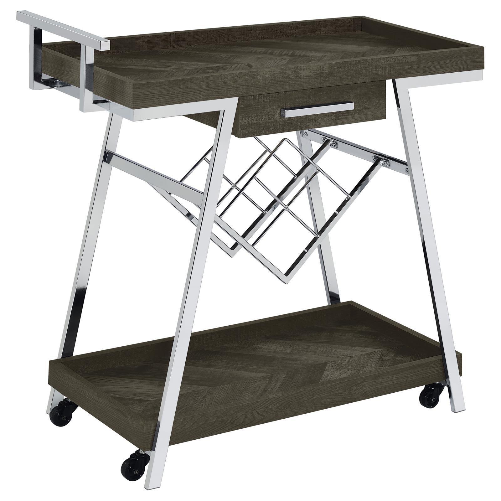 Kinney 2-Tier Bar Cart With Storage Drawer Rustic Grey And Chrome 181025 - Ella Furniture