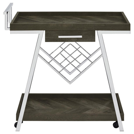 Kinney 2-Tier Bar Cart With Storage Drawer Rustic Grey And Chrome 181025 - Ella Furniture