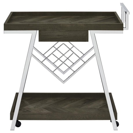 Kinney 2-Tier Bar Cart With Storage Drawer Rustic Grey And Chrome 181025 - Ella Furniture