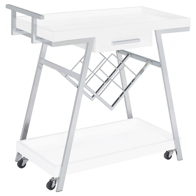 Kinney 2-Tier Bar Cart With Storage Drawer White High Gloss And Chrome 181024 - Ella Furniture