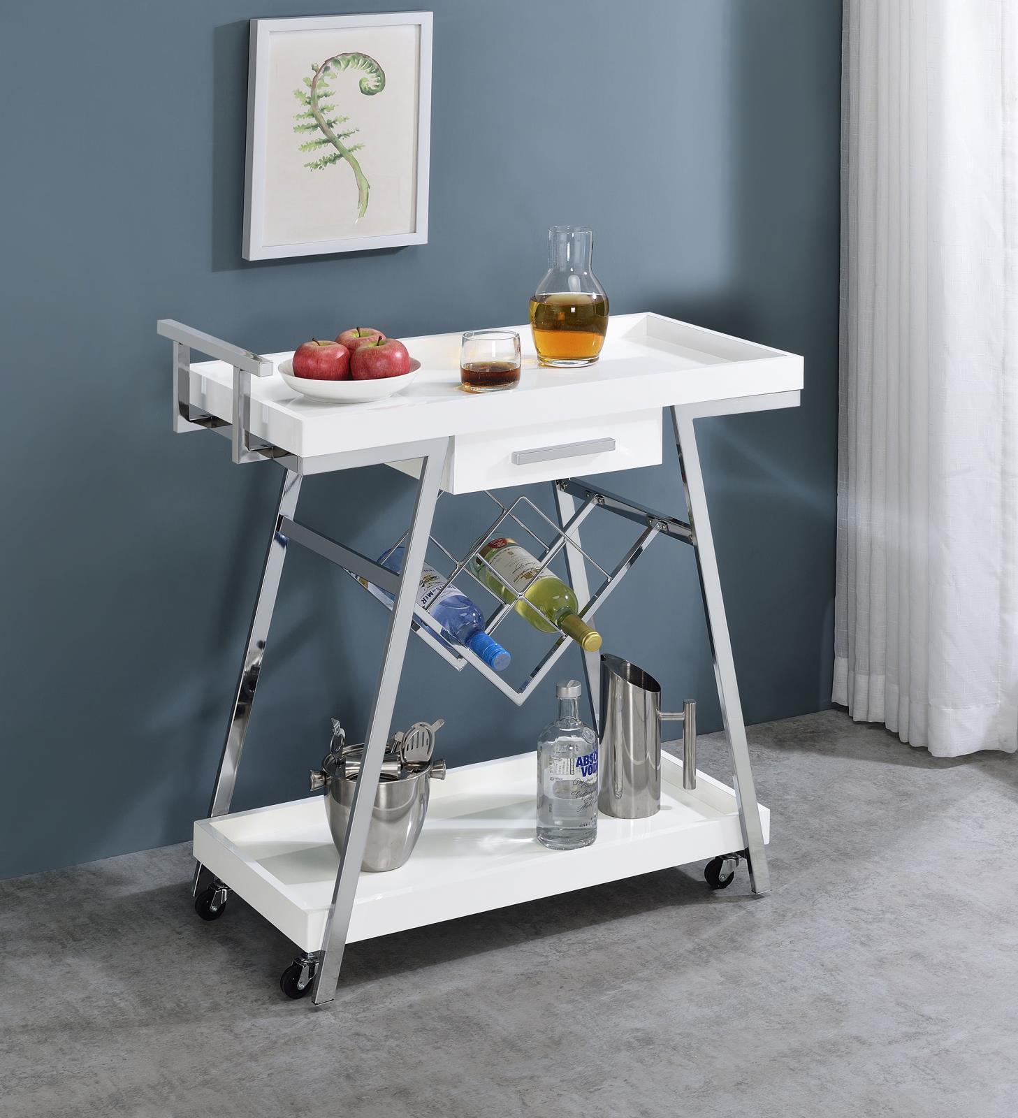 Kinney 2-Tier Bar Cart With Storage Drawer White High Gloss And Chrome 181024 - Ella Furniture