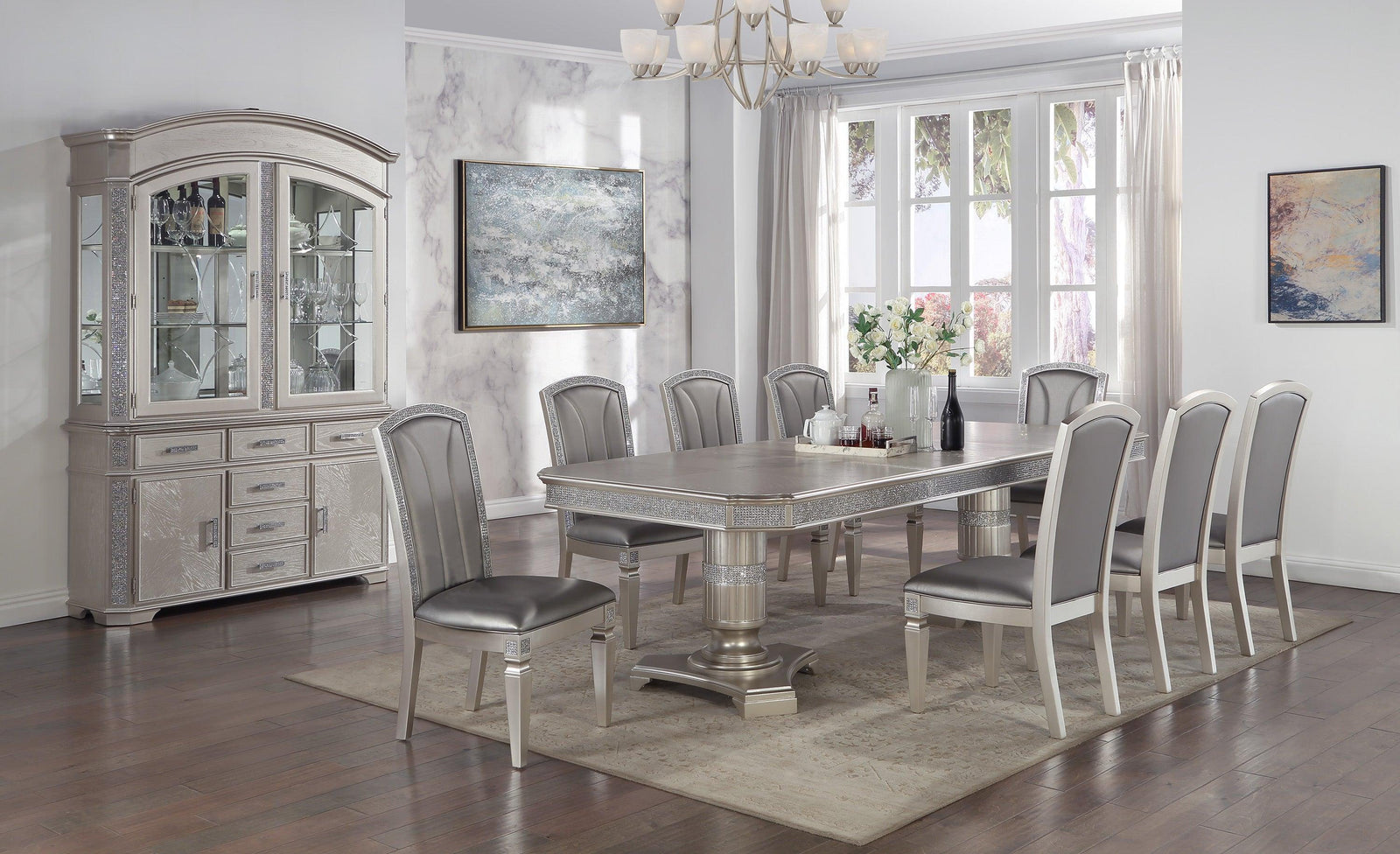 Klina Pedestal Gray Modern Sleek Metal Glass Pedestal Leg Dining Room Set - Ella Furniture