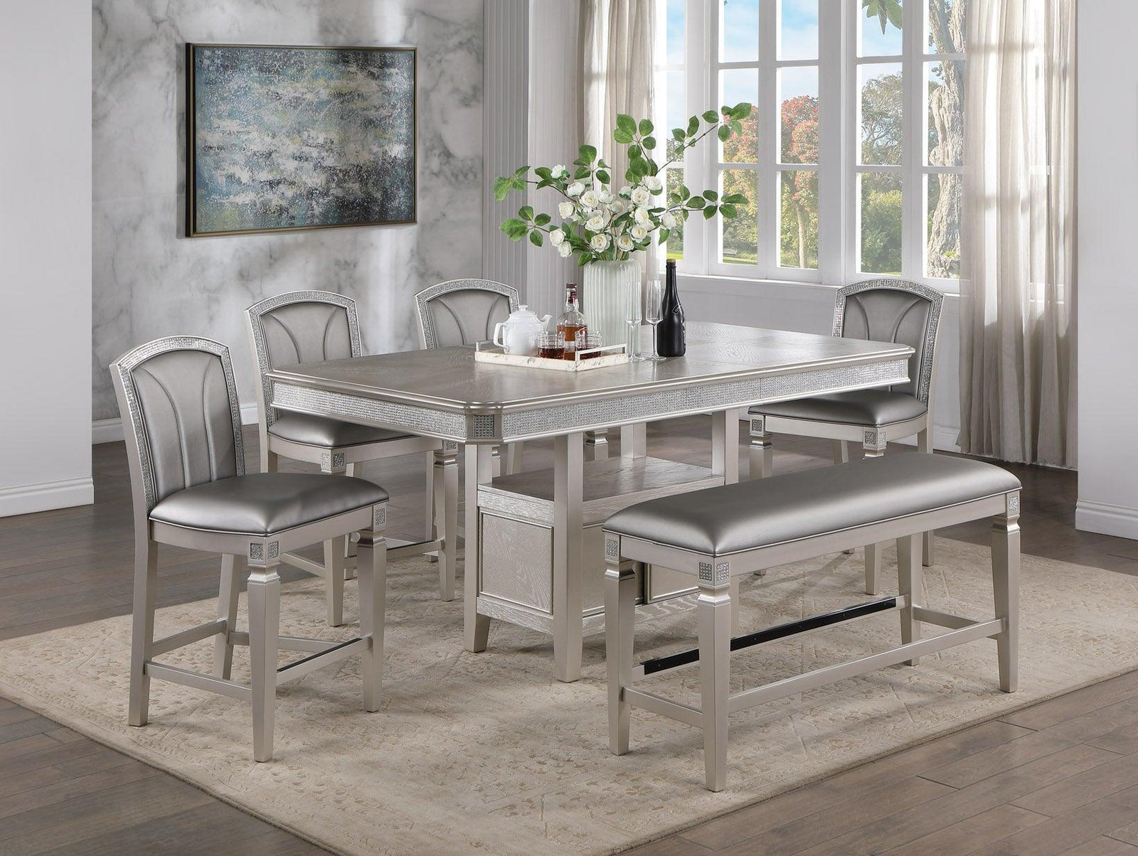 Klina Silver Modern Faux Leather Seat Rectangular Counter Height Dining Room Set - Ella Furniture