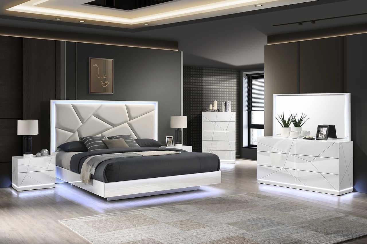 Lana White LED Upholstered King Bed - Ella Furniture