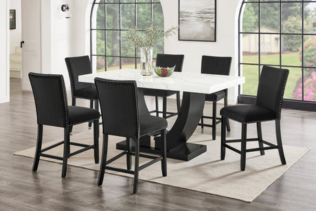 Larry 7-Piece Counter-Height Dining Set with White Marble-Look Table and Black Velvet Stools from Ella Furniture