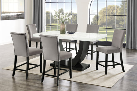 Larry 7-Piece Counter-Height Dining Set with White Marble-Look Table and Grey Velvet Stools from Ella Furniture