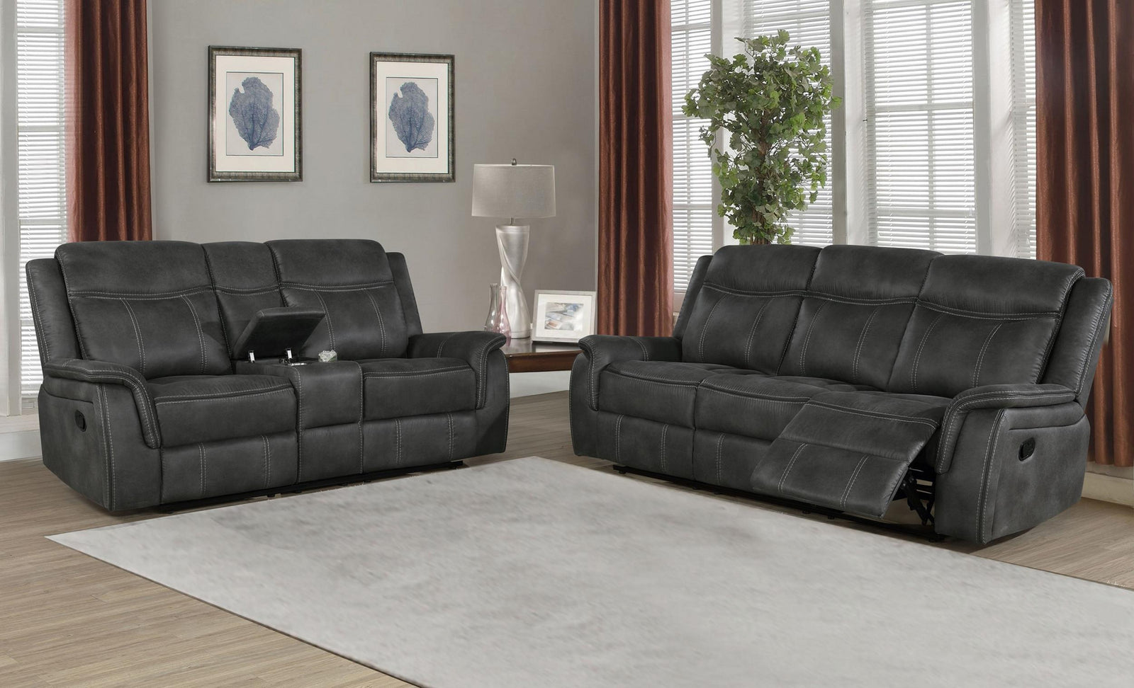 Lawrence Lawrence 2-piece Upholstered Reclining Sofa Set Charcoal 603504-S2 - Ella Furniture