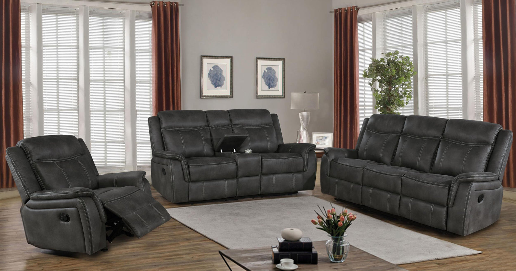 Lawrence Lawrence 3-piece Upholstered Reclining Sofa Set Charcoal 603504-S3 - Ella Furniture