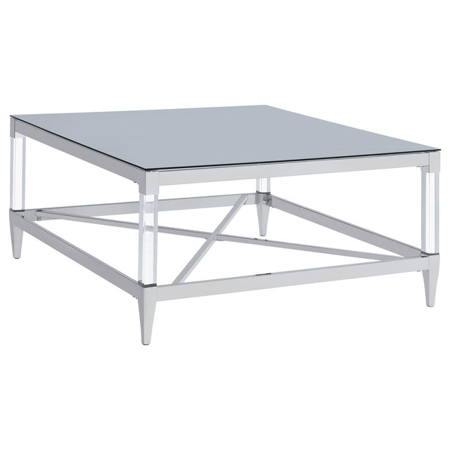 Lindley Square Coffee Table With Acrylic Legs And Tempered Mirror Top Chrome 709728 - Ella Furniture