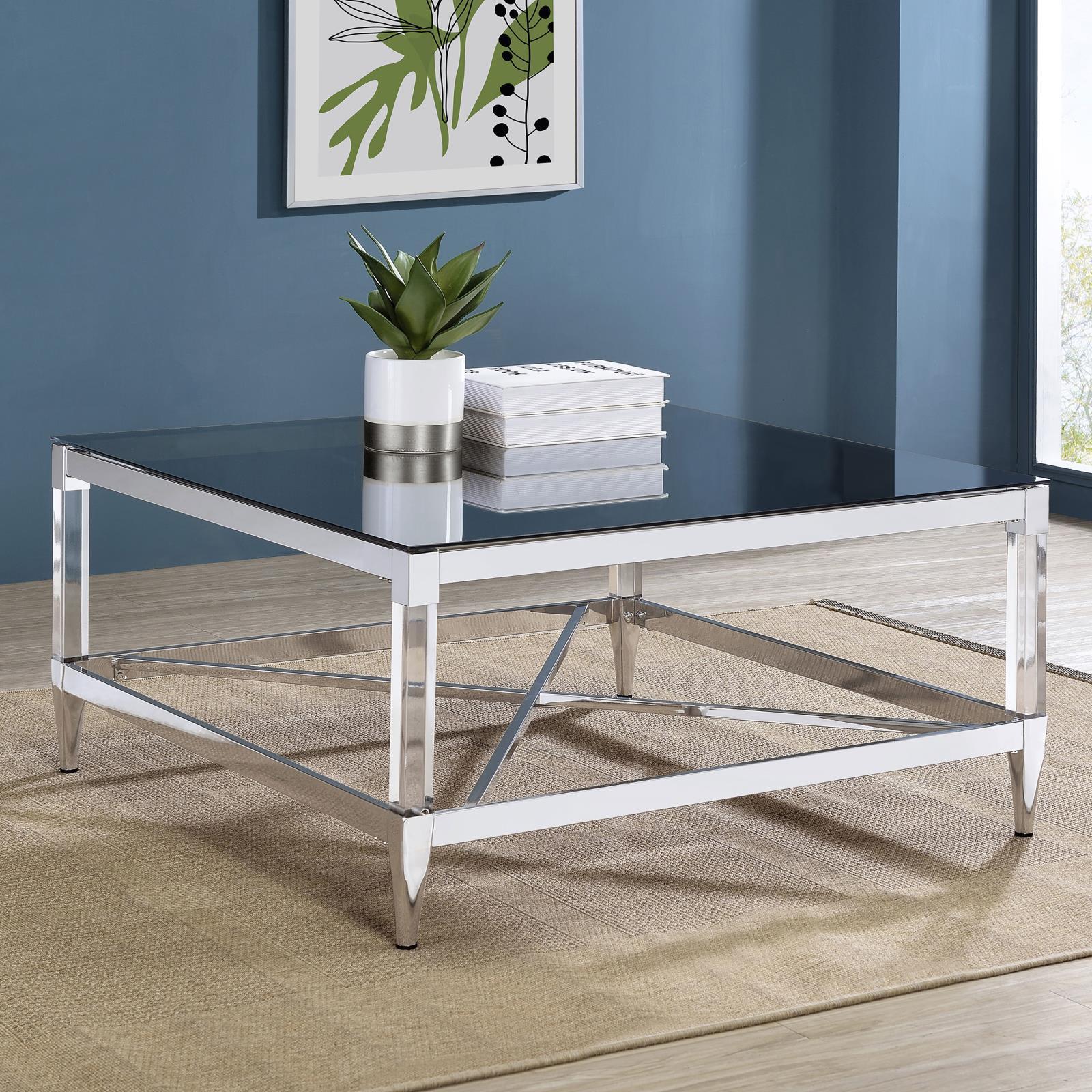 Lindley Square Coffee Table With Acrylic Legs And Tempered Mirror Top Chrome 709728 - Ella Furniture