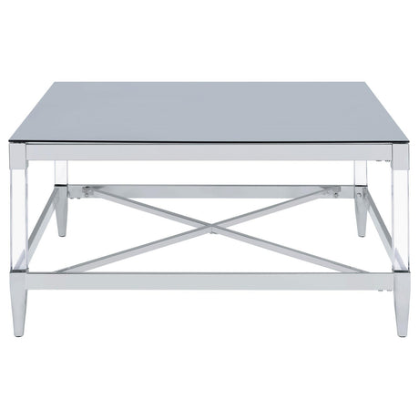 Lindley Square Coffee Table With Acrylic Legs And Tempered Mirror Top Chrome 709728 - Ella Furniture
