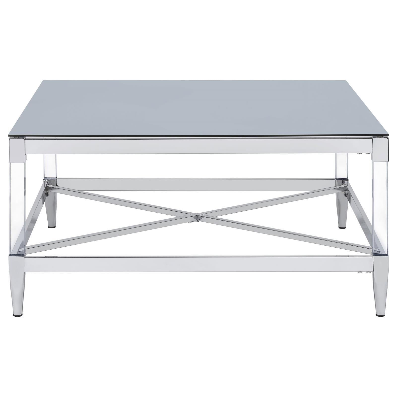 Lindley Square Coffee Table With Acrylic Legs And Tempered Mirror Top Chrome 709728 - Ella Furniture