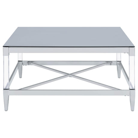 Lindley Square Coffee Table With Acrylic Legs And Tempered Mirror Top Chrome 709728 - Ella Furniture