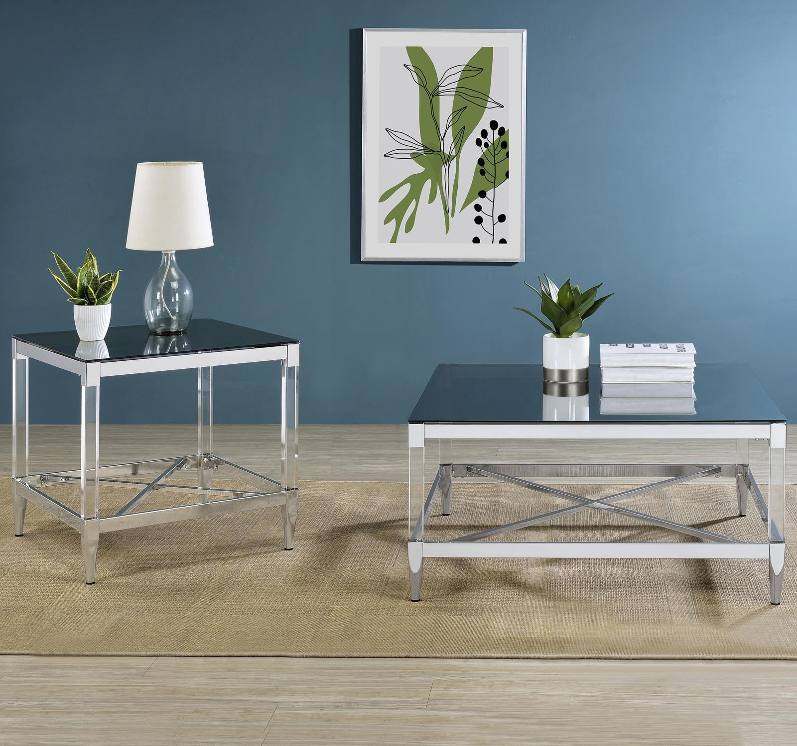 Lindley Square Coffee Table With Acrylic Legs And Tempered Mirror Top Chrome 709728 - Ella Furniture