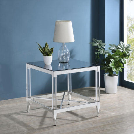 Lindley Square End Table With Acrylic Legs And Tempered Mirror Top Chrome 709727 - Ella Furniture
