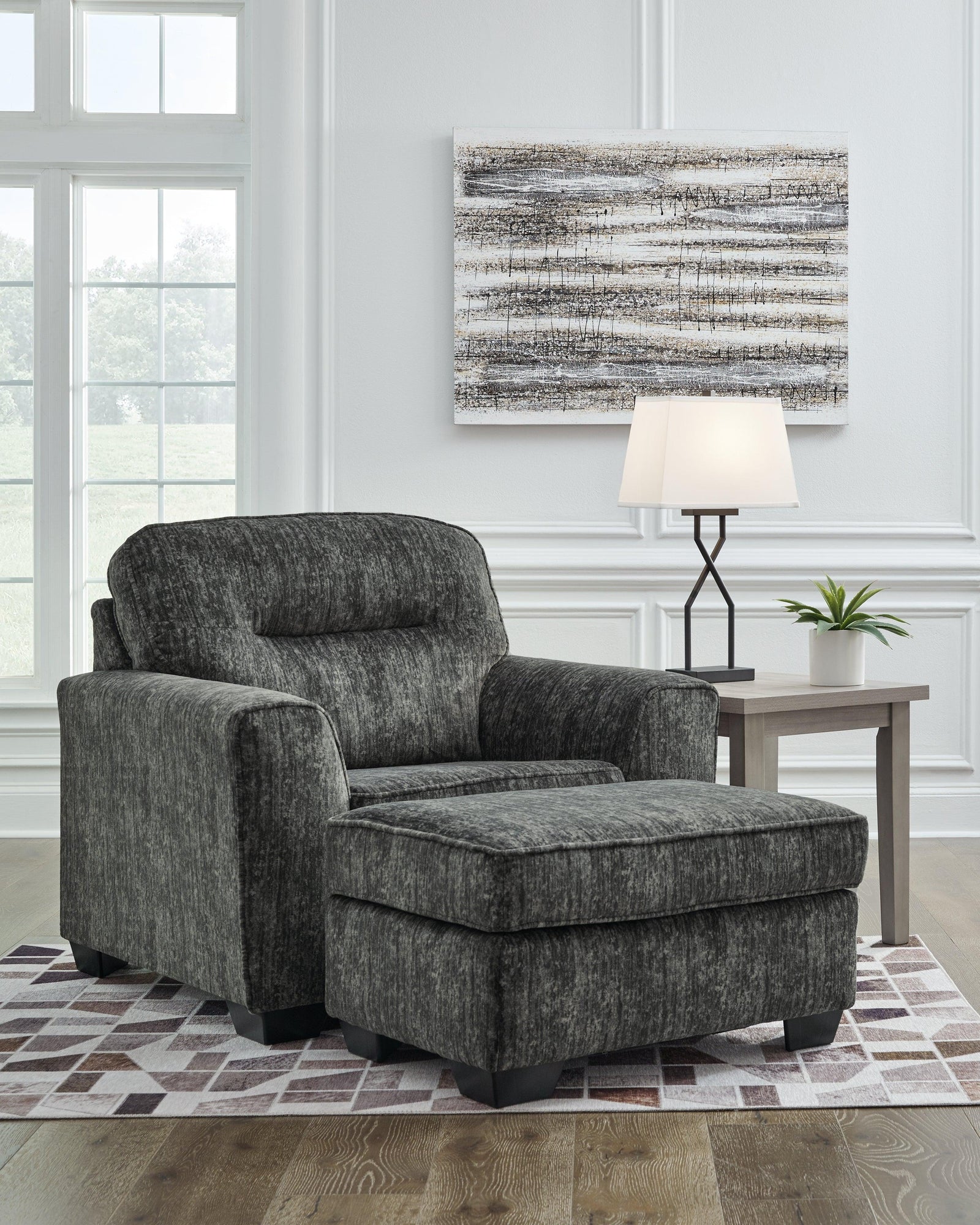 Lonoke Gunmetal Chair And Ottoman - Ella Furniture
