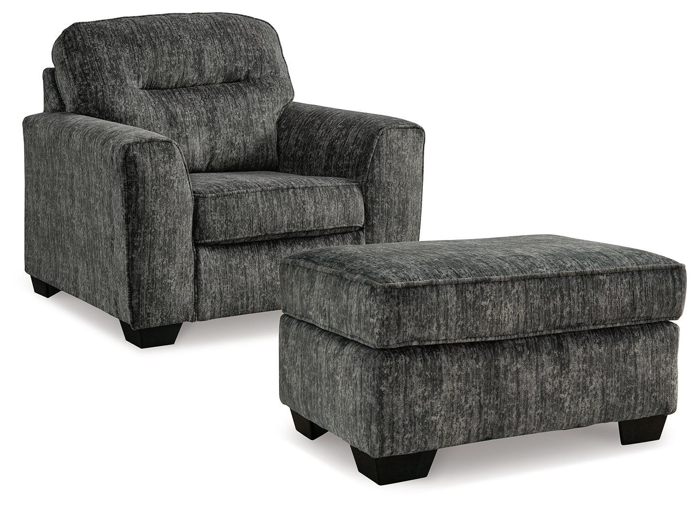 Lonoke Gunmetal Chair And Ottoman - Ella Furniture
