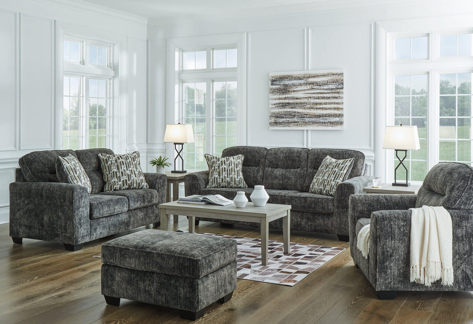 Lonoke Gunmetal Sofa, Loveseat, Chair And Ottoman - Ella Furniture