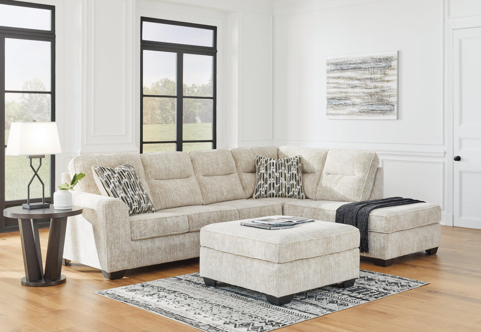 Lonoke Parchment 2-Piece Sectional With Ottoman - Ella Furniture