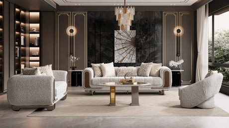 Lora Sofa, Loveseat, and Chair Set with Curved Wood-Trimmed Arms from Ella Furniture
