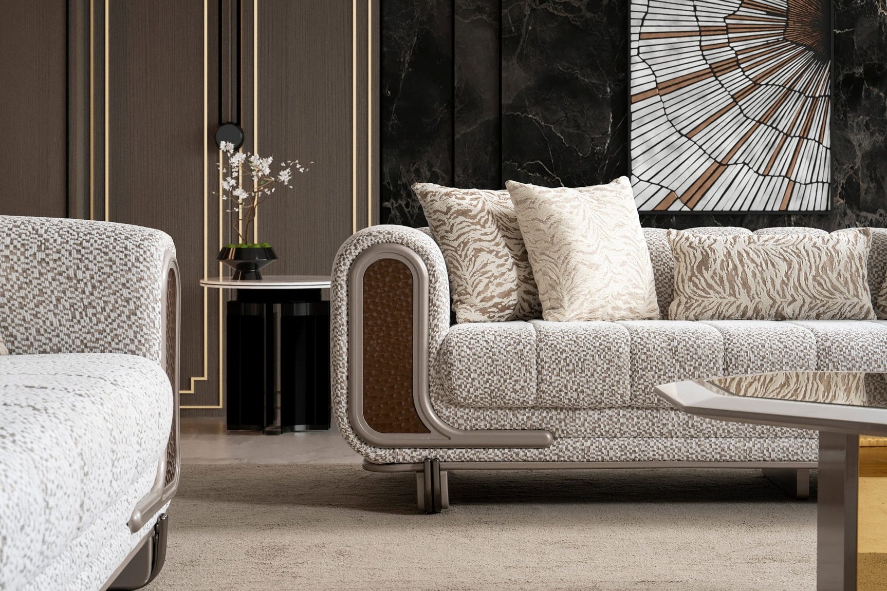 Lora Sofa, Loveseat, and Chair Set with Curved Wood-Trimmed Arms view 9