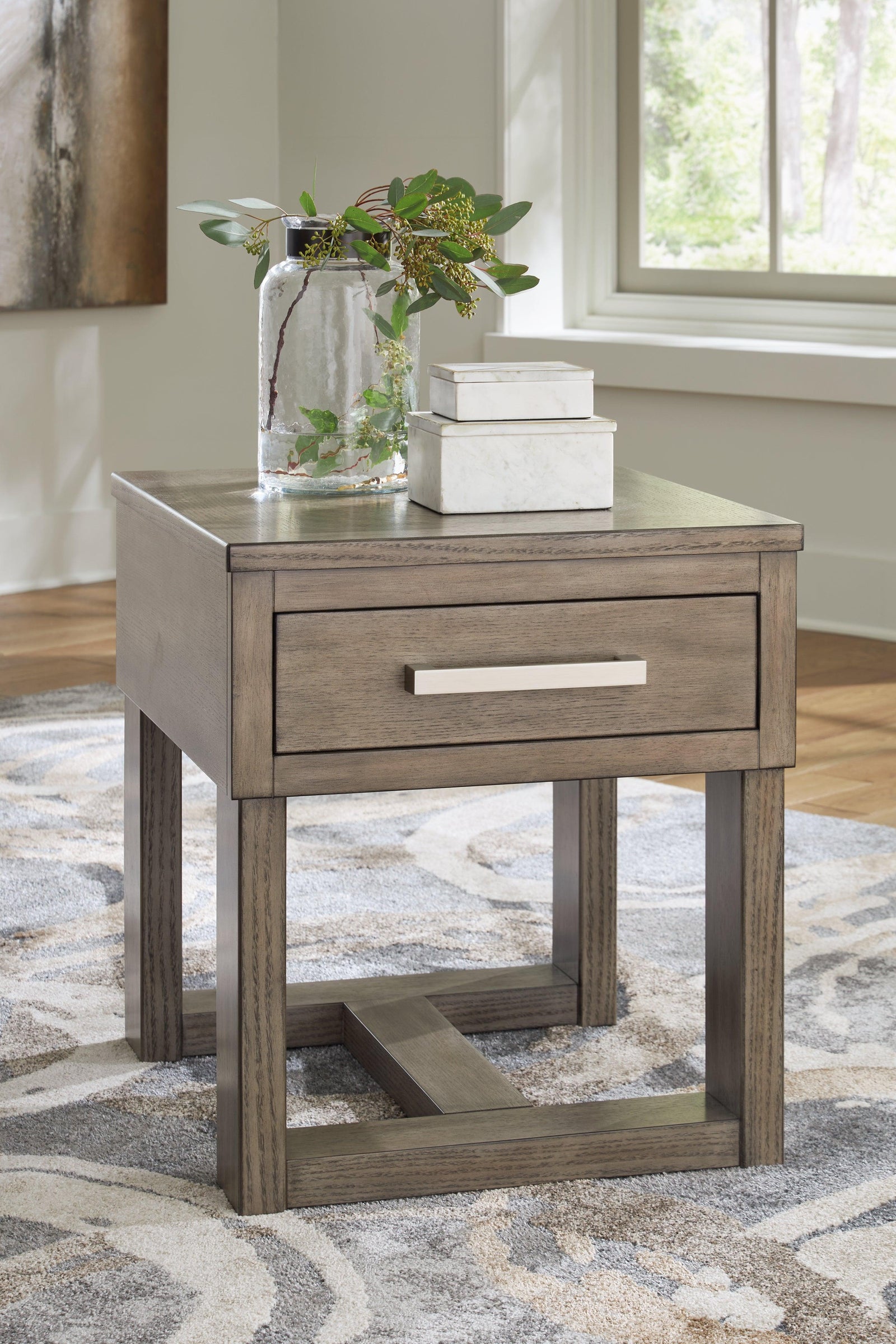 Loyaska Grayish Brown/White End Table - Ella Furniture