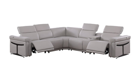 Lucca Light Grey 6-Piece Italian Leather Power Reclining Sectional with Storage Console and Adjustable Headrests view 2