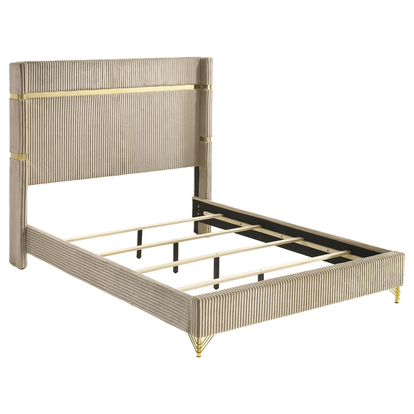 Lucia Upholstered Eastern King Wingback Panel Bed Beige 224731Ke - Ella Furniture