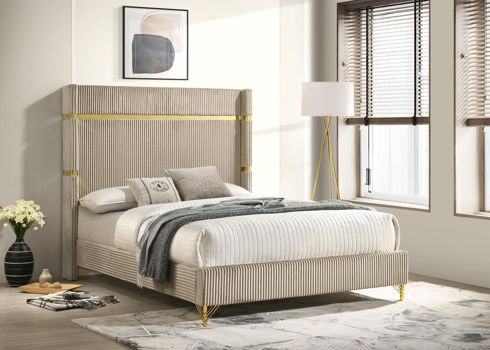 Lucia Upholstered Queen Wingback Panel Bed Beige 224731Q - Ella Furniture