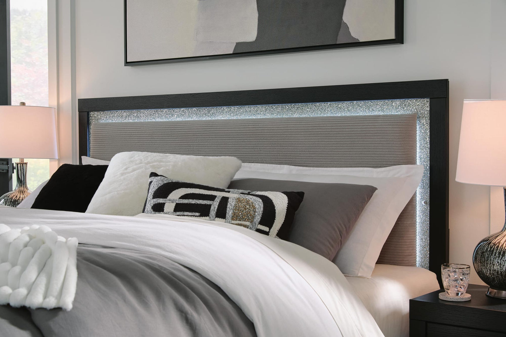 Maeling Black King Upholstered Panel Bed detail view