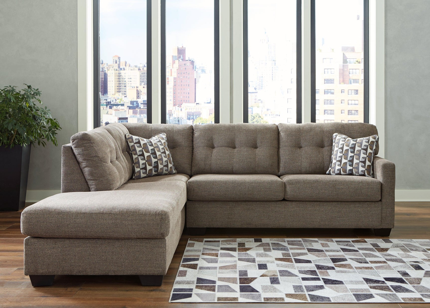 Mahoney Chocolate 2-Piece Sectional With Ottoman - Ella Furniture