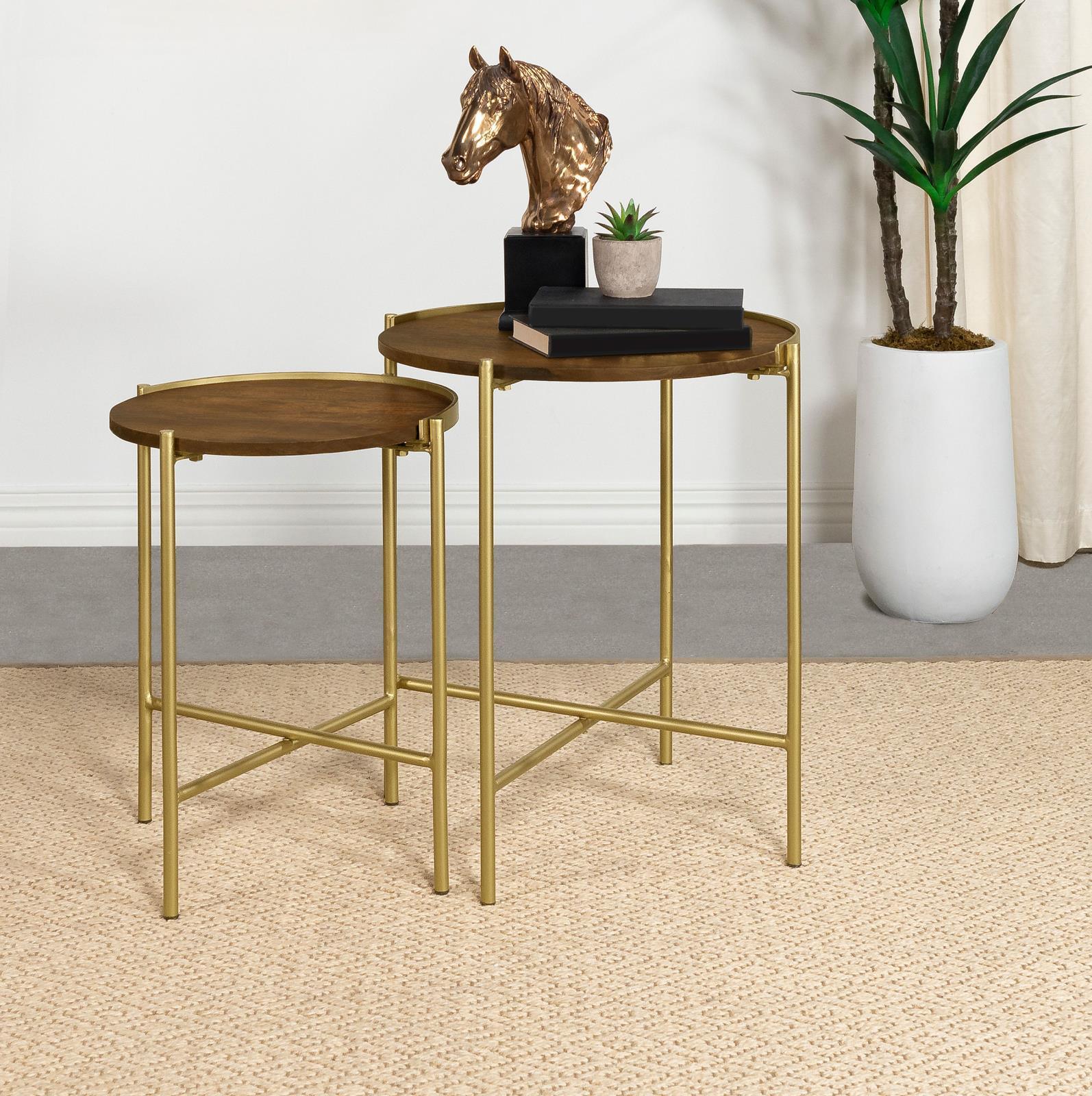 Malka 2-Piece Round Nesting Table Dark Brown And Gold 936168 - Ella Furniture