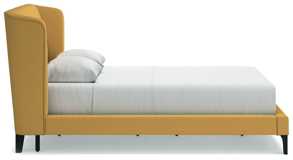 Maloken Mustard Queen Upholstered Bed With Roll Slats - Ella Furniture