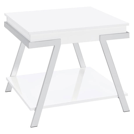 Marcia Wood Rectangular End Table White High Gloss And Chrome 708157 - Ella Furniture
