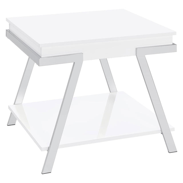 Marcia Wood Rectangular End Table White High Gloss And Chrome 708157 - Ella Furniture