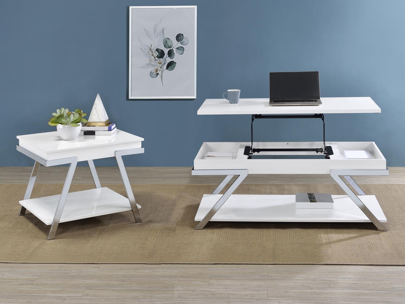Marcia Wood Rectangular End Table White High Gloss And Chrome 708157 - Ella Furniture