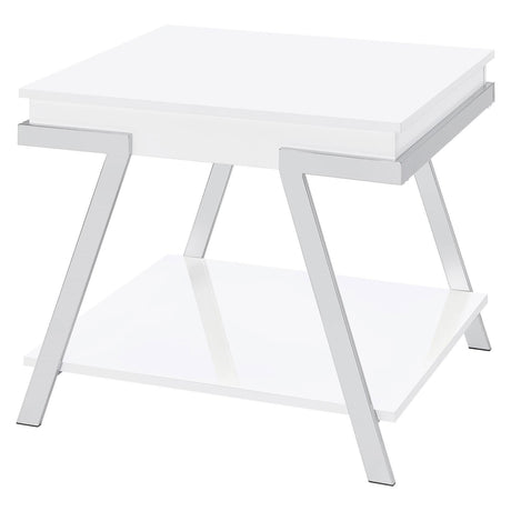 Marcia Wood Rectangular End Table White High Gloss And Chrome 708157 - Ella Furniture