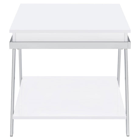 Marcia Wood Rectangular End Table White High Gloss And Chrome 708157 - Ella Furniture