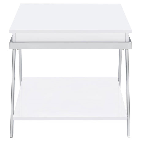 Marcia Wood Rectangular End Table White High Gloss And Chrome 708157 - Ella Furniture