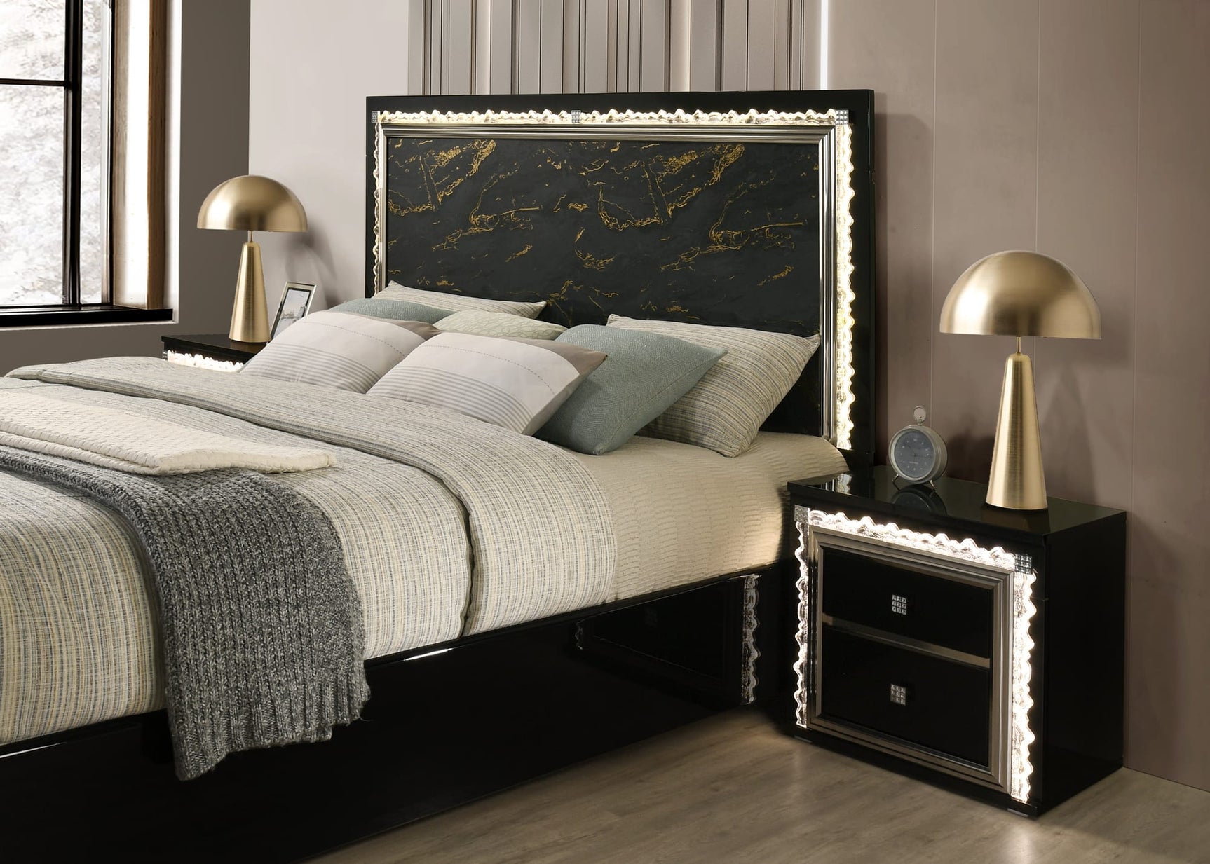 Marco Bold Black Bedroom Set with Marble-Inspired Headboard and LED Crystal Accents view 2