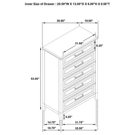 Marielle 5-drawer Bedroom Chest Distressed White 224845 - Ella Furniture