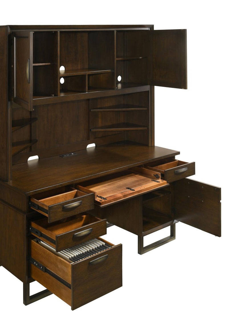 Marshall 10-Drawer Credenza Desk With Hutch Dark Walnut And Gunmetal 881293 - Ella Furniture