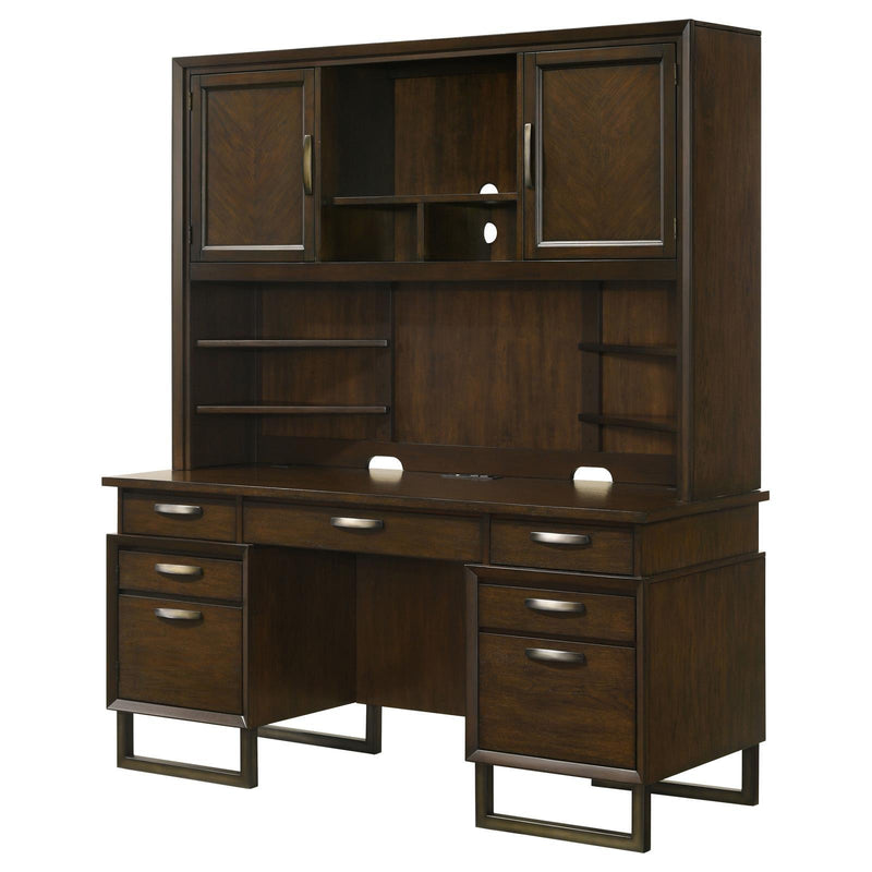 Marshall 10-Drawer Credenza Desk With Hutch Dark Walnut And Gunmetal 881293 - Ella Furniture