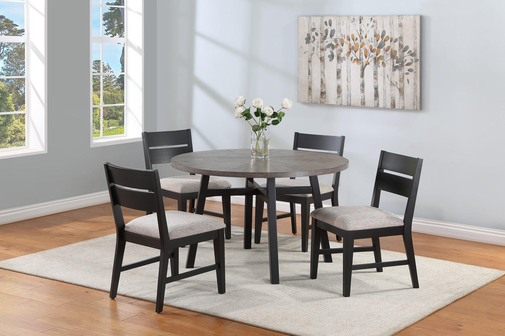 Mathis Gray Contemporary Trestle Wood Round Dining Room Set - Ella Furniture