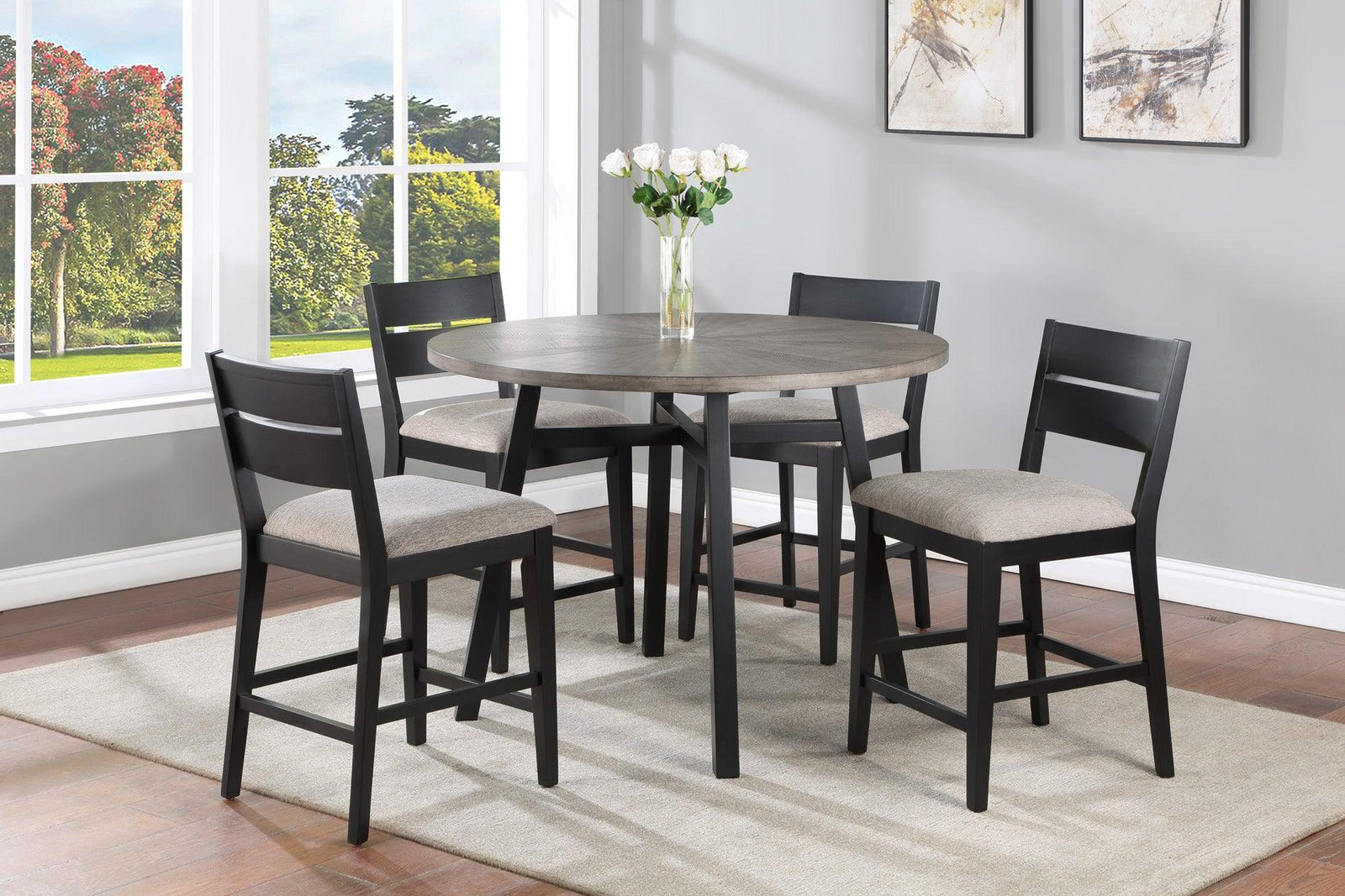 Mathis Gray/Black Contemporary Solid Wood And Veneers Round Counter Height Dining Room Set - Ella Furniture